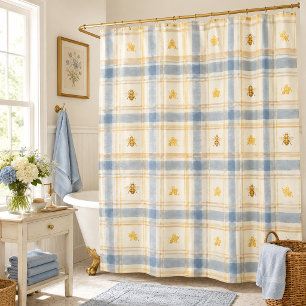 Blue Meadow Honeybee Plaid Charming Shower Curtain
