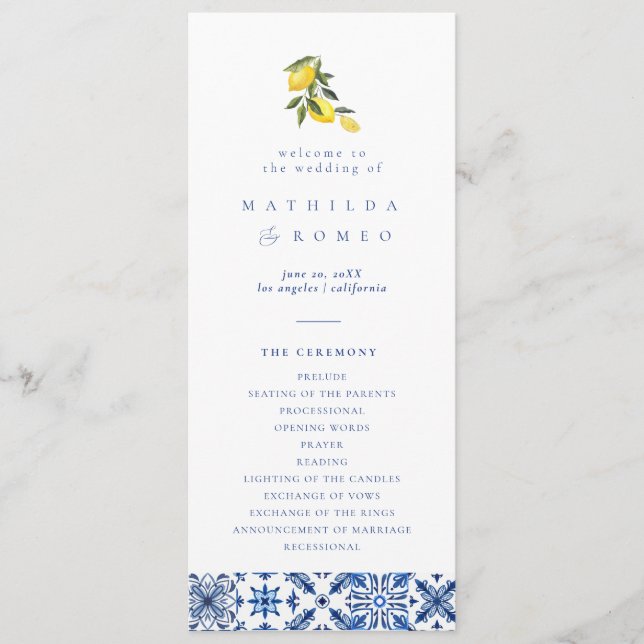 Blue medditeranean tile & citrus Wedding Program  Programme (Front)