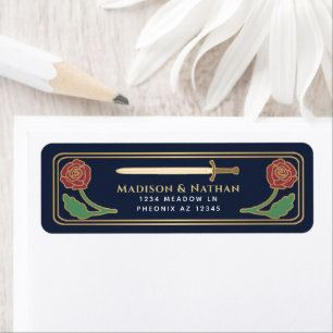 Blue Mediaeval Fantasy Gold Sword Wedding Label