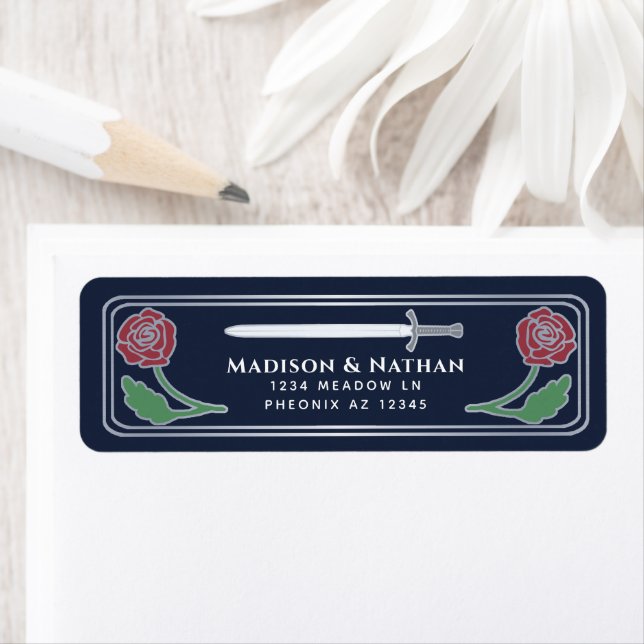 Blue Mediaeval Fantasy Silver Sword Wedding Label (Insitu)