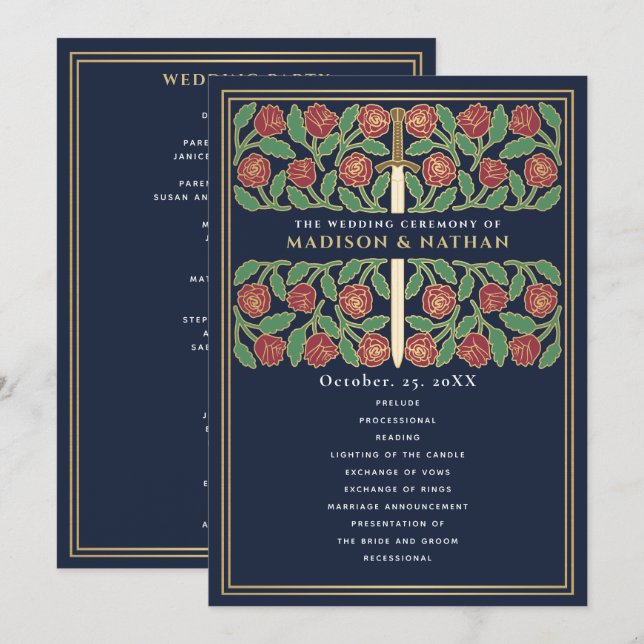 Blue Mediaeval Gold Floral Sword Royal Wedding Programme (Front/Back)