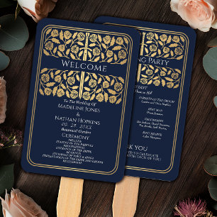 Blue Mediaeval Gold Sword Royal Wedding Program Hand Fan
