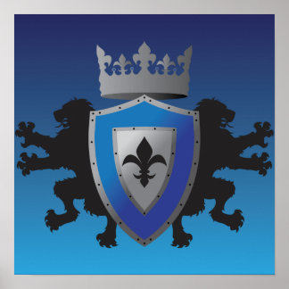 Blue Mediaeval Lion Heraldry Poster
