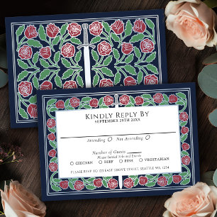 Blue Mediaeval Silver Floral Sword Royal Wedding RSVP Card