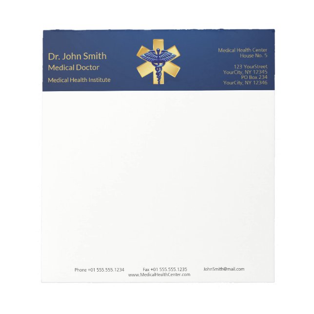 Blue Medical 3D Caduceus Gold Cross Notepad (Front)