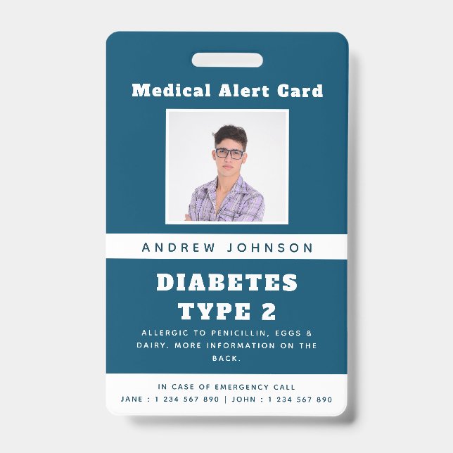 Blue Medical Alert Emergency ID Photo Adult Name Badge (Front)