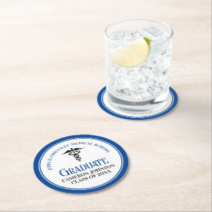 Blue Medical School Graduation Party Personalised Round Paper Coaster