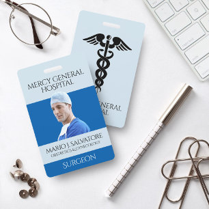 Blue Medical Surgeon Doctor Caduceus Hospital ID Badge