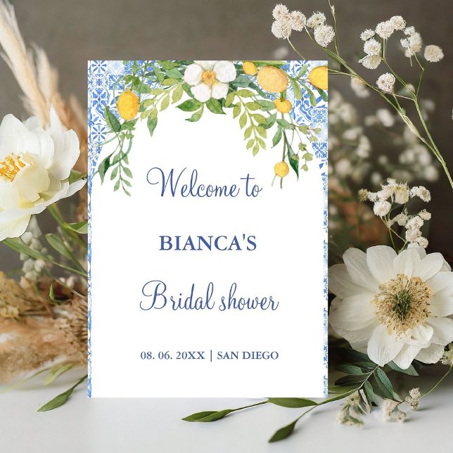 Blue Meditarrean tile Arch welcome bridal shower Pedestal Sign (Creator Uploaded)