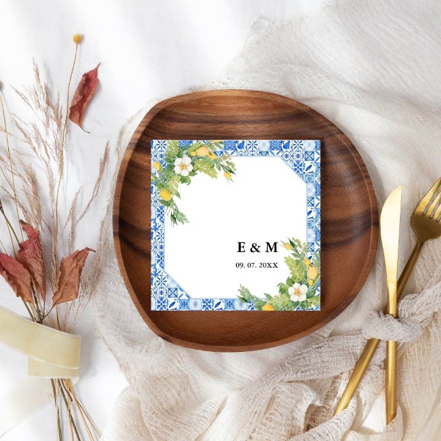 Blue Mediterranean boho lemon wedding Napkin (Creator Uploaded)
