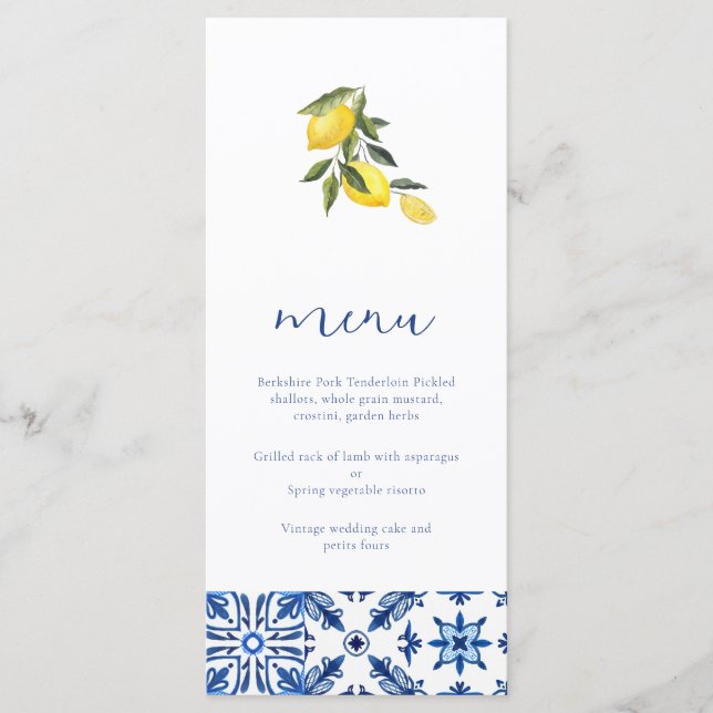 Blue Mediterranean citrus wedding menu (Front)