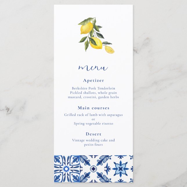 Blue Mediterranean citrus wedding menu (Front)