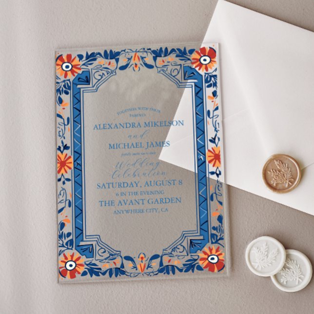 Blue Mediterranean Italian Tile & Lemon Wedding Acrylic Invitations (Creator Uploaded)