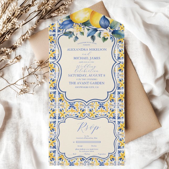 Blue Mediterranean Italian Tile & Lemon Wedding All In One Invitation (Creator Uploaded)