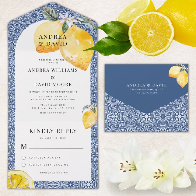 Blue Mediterranean Italian Tile & Lemon Wedding All In One Invitation (Creator Uploaded)