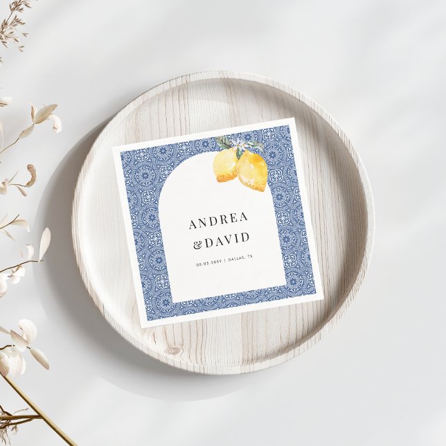 Blue Mediterranean Italian Tile Lemon Wedding Napkin (Creator Uploaded)