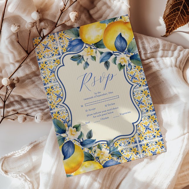 Blue Mediterranean Italian Tile & Lemon Wedding RSVP Card (Creator Uploaded)