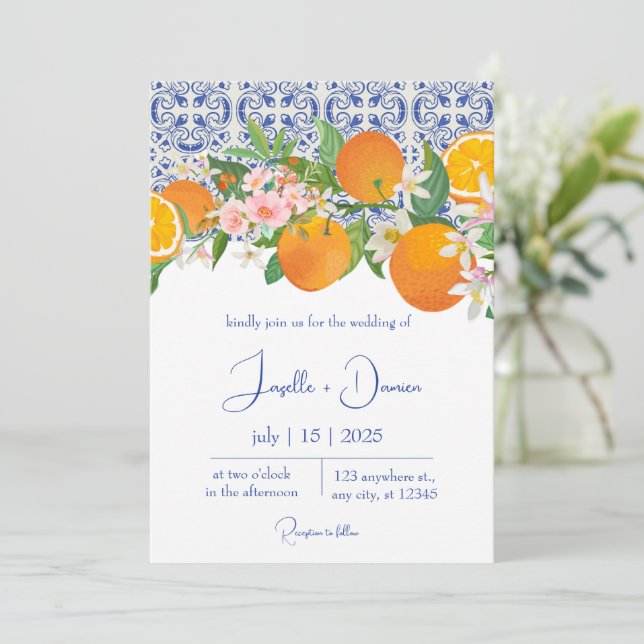 Blue Mediterranean Italian Tile & Orange Wedding Invitation (Standing Front)