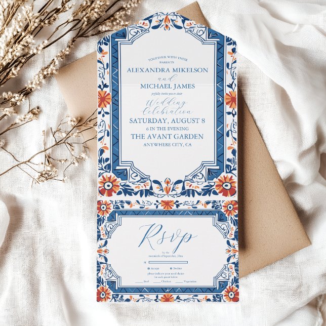 Blue Mediterranean Italian Tile  Wedding All In One Invitation (Creator Uploaded)