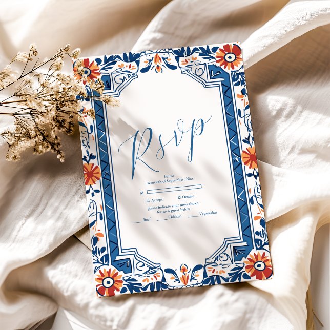 Blue Mediterranean Italian Tile  Wedding RSVP Card (Creator Uploaded)