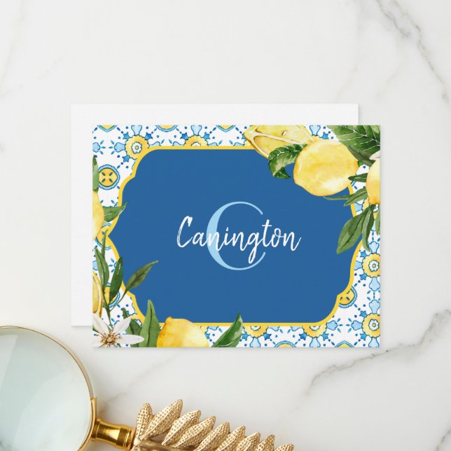 Blue Mediterranean Lemon Monogram Name(S)  Thank You Card (Front/Back In Situ)