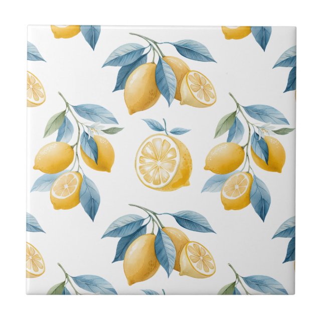 Blue Mediterranean Lemon Pattern  Tile (Front)