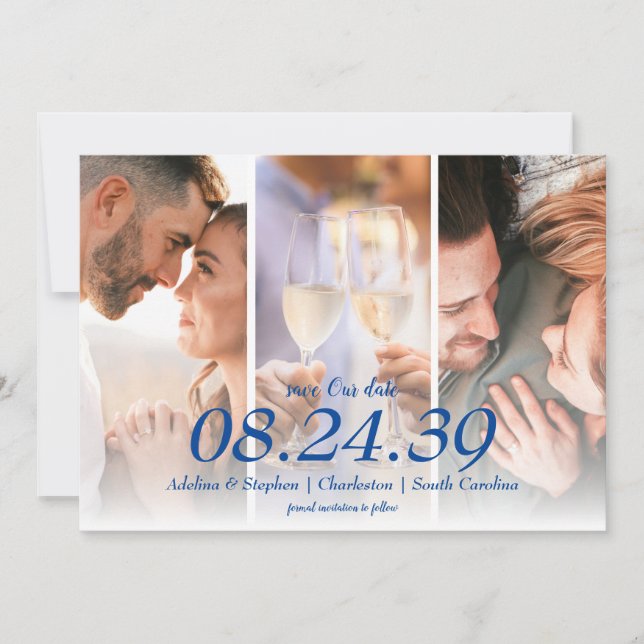 Blue Mediterranean Lemon Three Photo Wedding  Save The Date (Front)