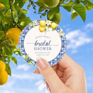 Blue Mediterranean Lemons Bridal Shower Classic Round Sticker