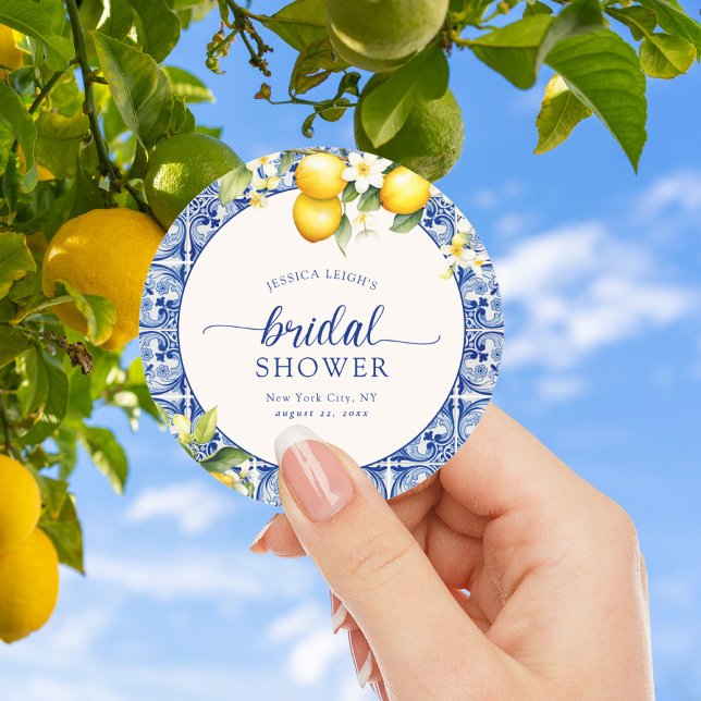 Blue Mediterranean Lemons Bridal Shower Classic Round Sticker (Creator Uploaded)