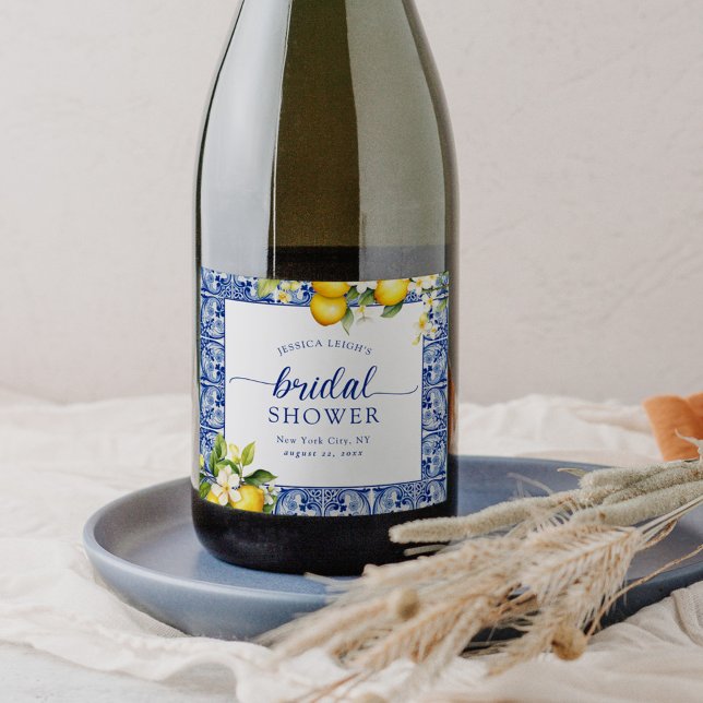Blue Mediterranean Lemons Bridal Shower Sparkling Wine Label (Creator Uploaded)