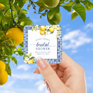 Blue Mediterranean Lemons Bridal Shower Square Sticker
