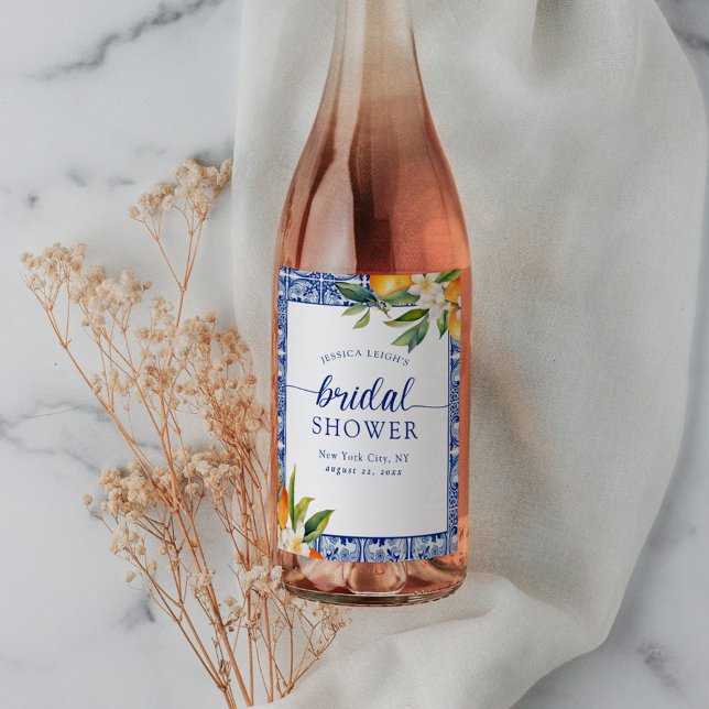 Blue Mediterranean Oranges Bridal Shower Wine Label (Creator Uploaded)