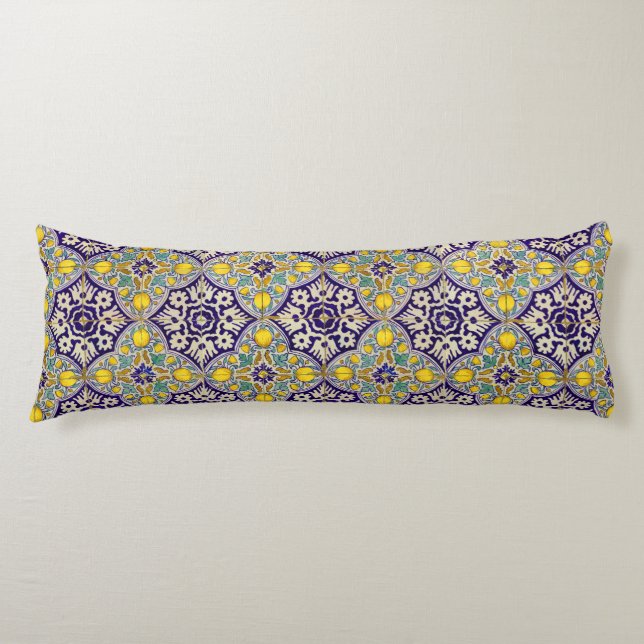 Blue Mediterranean Pattern Yellow Blossoms Body Cushion (Front)