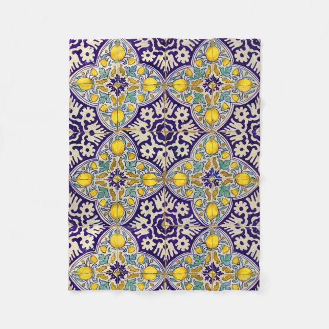 Blue Mediterranean Pattern Yellow Blossoms Fleece Blanket (Front)