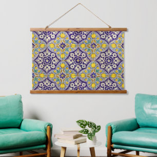 Blue Mediterranean Pattern Yellow Blossoms Hanging Tapestry