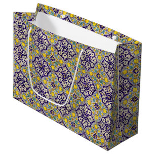 Blue Mediterranean Pattern Yellow Blossoms  Large Gift Bag