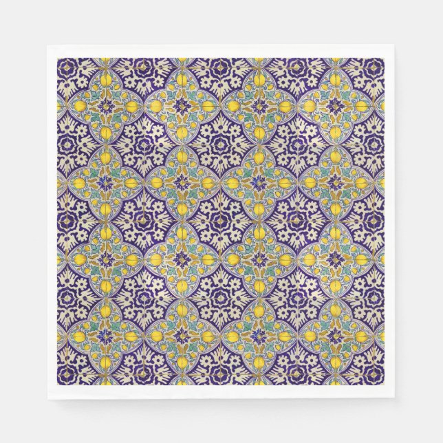 Blue Mediterranean Pattern Yellow Blossoms  Napkin (Front)