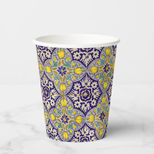 Blue Mediterranean Pattern Yellow Blossoms Paper Cups