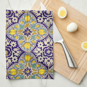 Blue Mediterranean Pattern Yellow Blossoms Tea Towel
