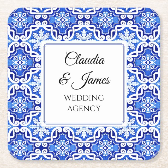 Blue Mediterranean Portuguese Azulejo Watercolor  Square Paper Coaster (Front)