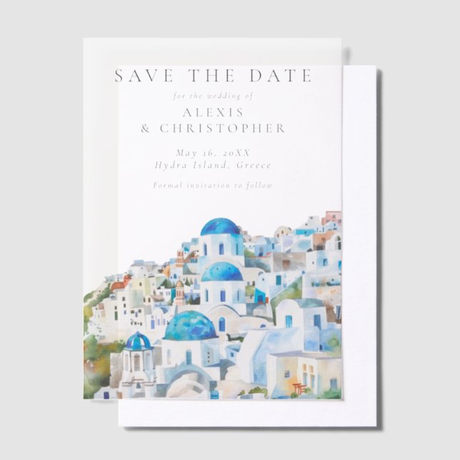 Blue Mediterranean Skyline Wedding Save the Date Vellum Invitations (Offset)