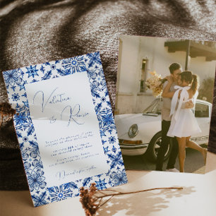 Blue Mediterranean Tile and citrus photo wedding  Invitation