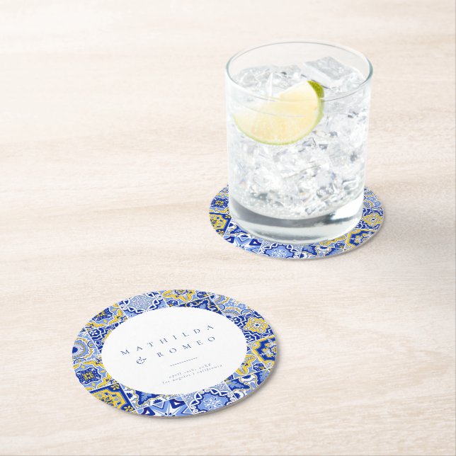 Blue Mediterranean Tile and Citrus  Round Paper Coaster (Insitu)