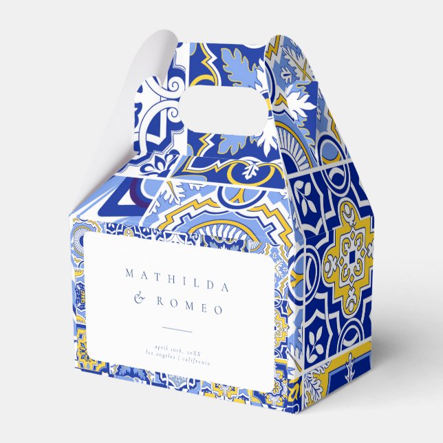 Blue Mediterranean Tile and Citrus Wedding Favour Box (Front Side)