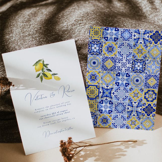 Blue Mediterranean Tile and citrus wedding  Invita Invitation (Creator Uploaded)