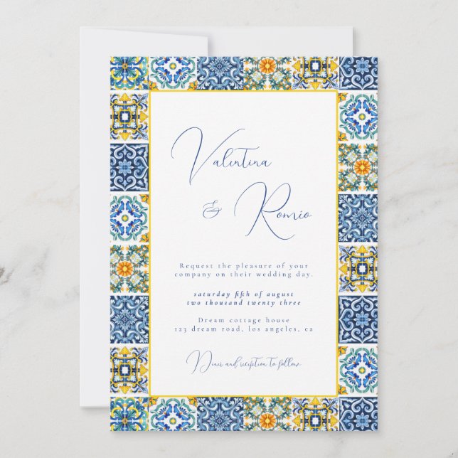 Blue Mediterranean Tile and citrus wedding  Invitation (Front)