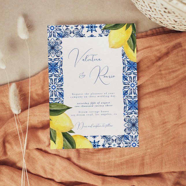 Blue Mediterranean Tile and citrus wedding  Invitation (Creator Uploaded)