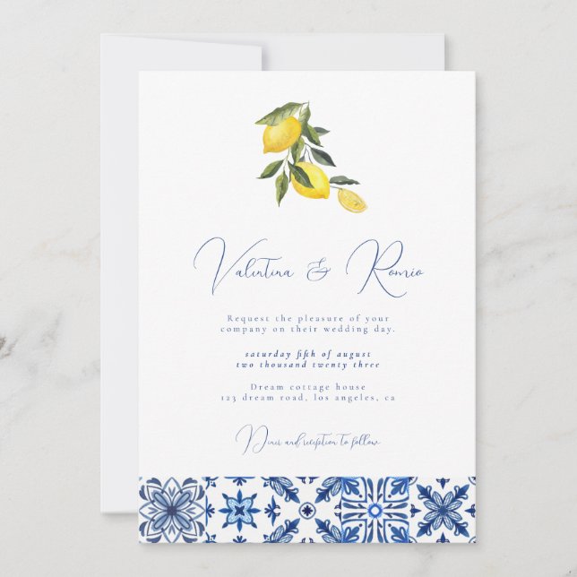 Blue Mediterranean Tile and citrus wedding photo Invitation (Front)
