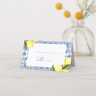 Blue Mediterranean Tile and Citrus Wedding Place Card