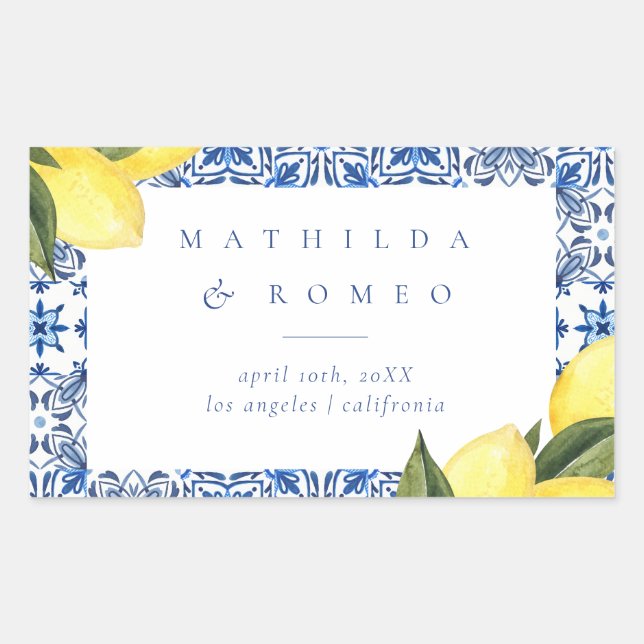 Blue Mediterranean Tile and Citrus Wedding  Rectangular Sticker (Front)